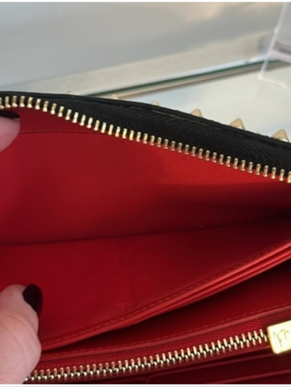 Christian Louboutin Panettone Spiked Zip Around Wallet Black Red Gold - Picture 11 of 13